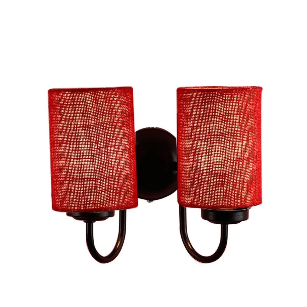 Front view of illuminated red jute double wall lamp