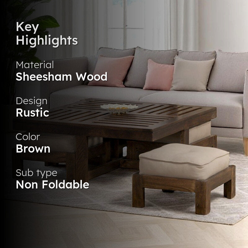 Gaviron Sheesham Wooden Center Table with Stools and Cushions (Dark Brown) - Nine Piece Set media 2