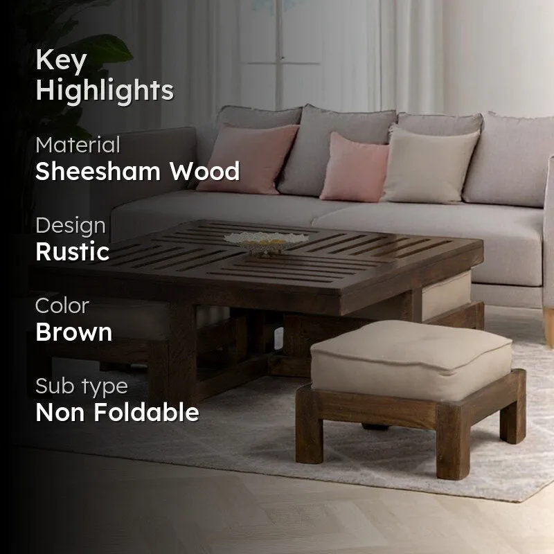 Gaviron Sheesham Wooden Center Table with Stools and Cushions (Dark Brown) - Nine Piece Set media 2
