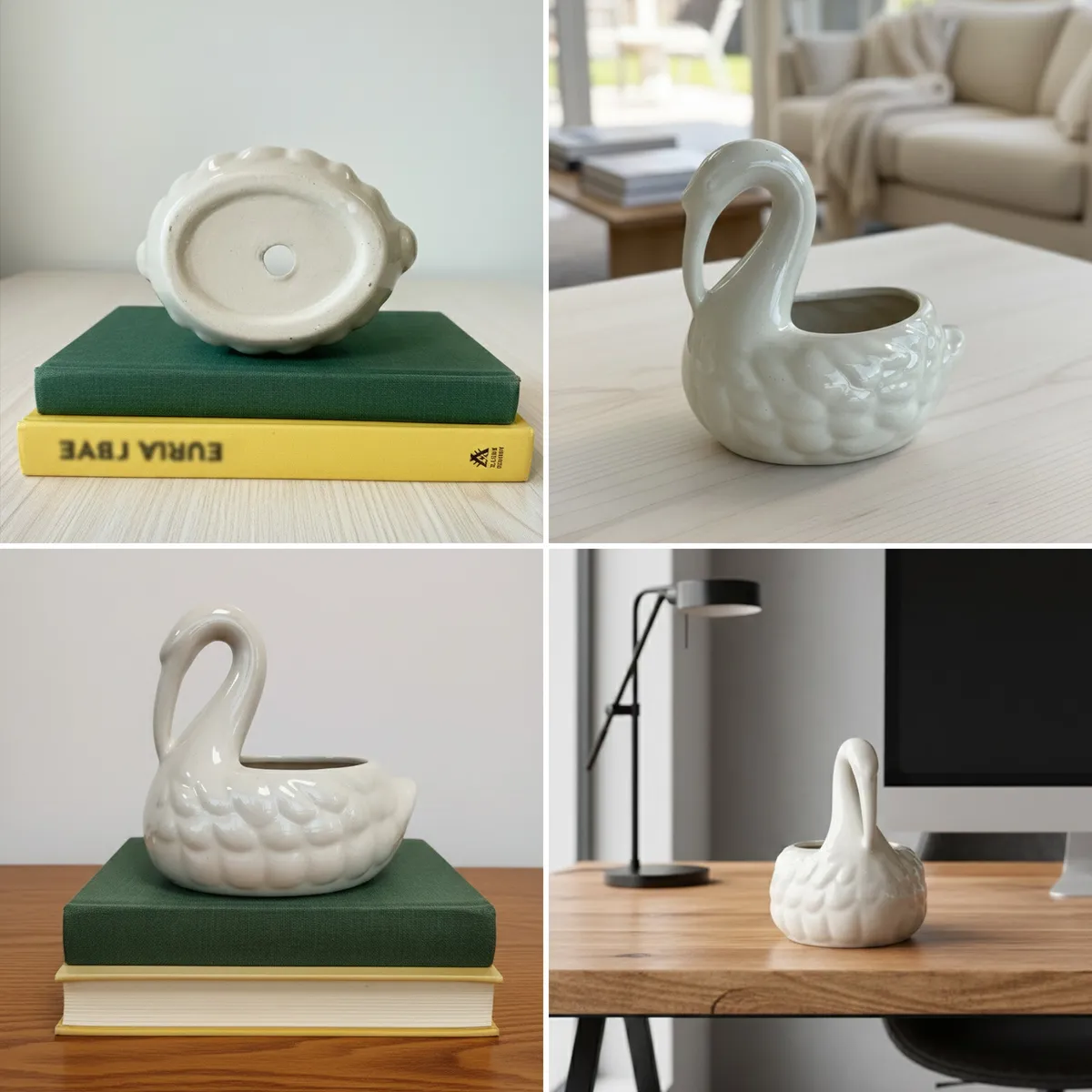 Rear view of a white swan vase placed on stacked books