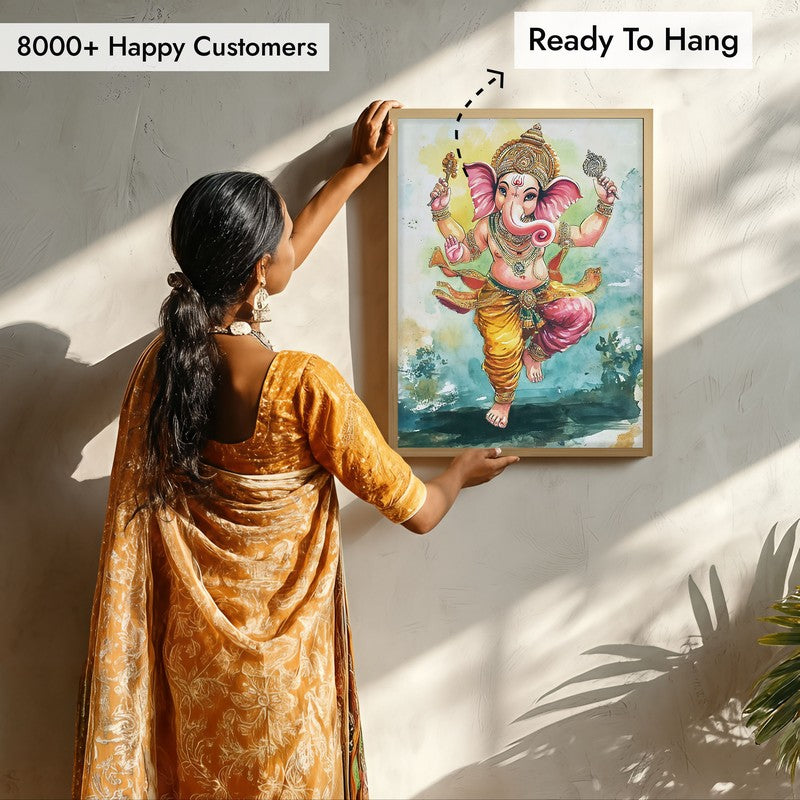 Nritya Ganesha Spiritual Archival Paper Wall Painting - Natural Brown Frame media 8