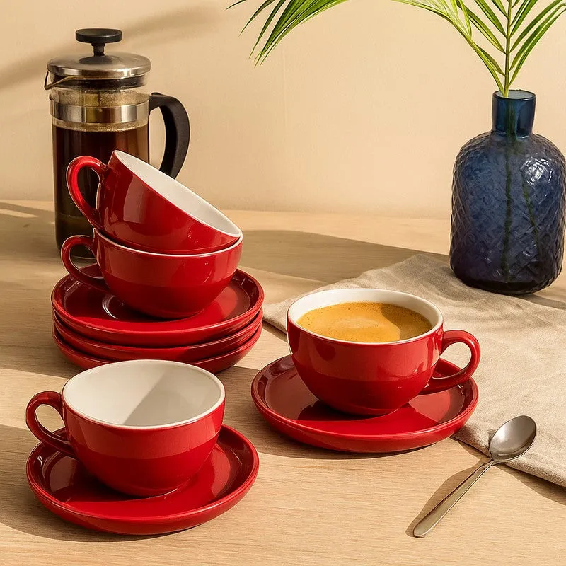 Elegant Red Ceramic Cup & Saucer (240 mL) - Eight Piece Set media 3