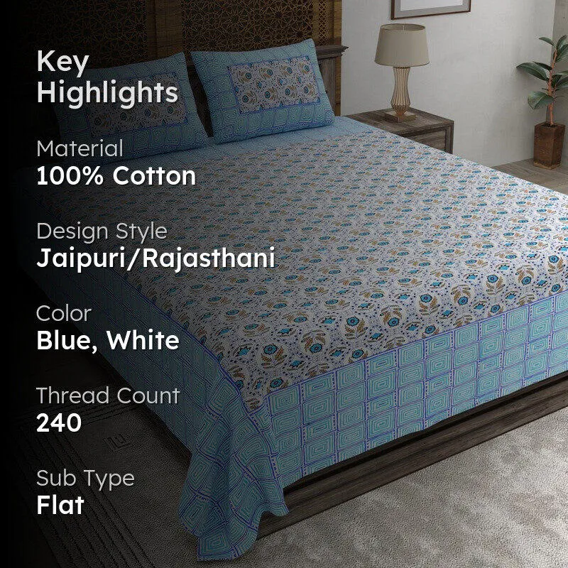 Aurao Cotton Bedsheet (Blue,White) - 240 TC media 2
