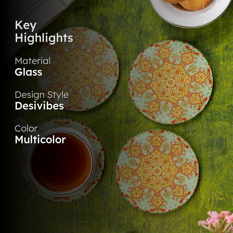 Ornate Mughal Glass Round Coaster - Set Of Four media 2