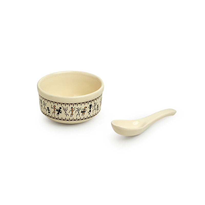Warli Whirls Handcrafted Ceramic Soup Bowl With Spoon (300 ML) - Eight Piece Set media 5