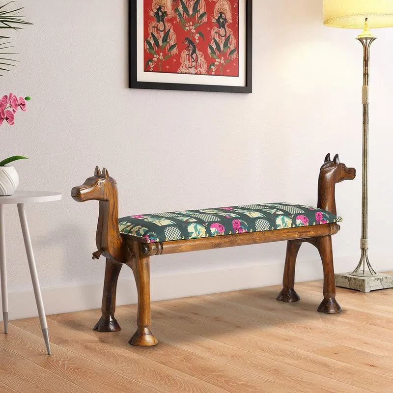 India Circus Acacia Wood Windows Animal Wooden Bench media 1
