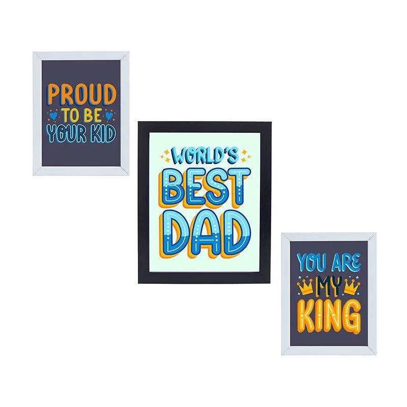 Three multicolour dad-themed wall art pieces with bold typography on a white background