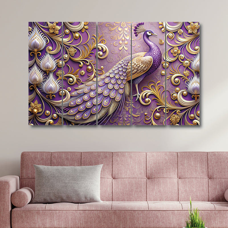 Purple Peacock Canvas Wall Art - Set Of Five