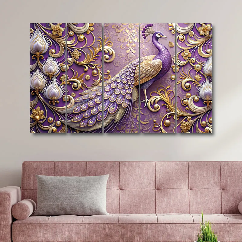 Purple Peacock Canvas Wall Art - Set Of Five media 1