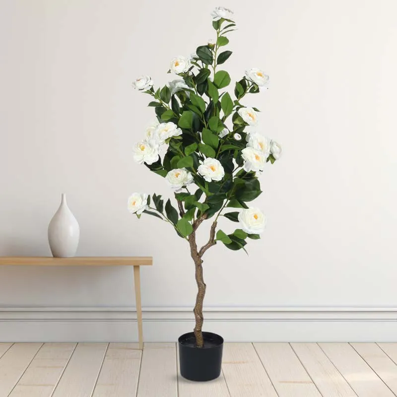 Faux Lush Mini Camellia Plant With Black Plastic Pot - White - 4 Feet media 3