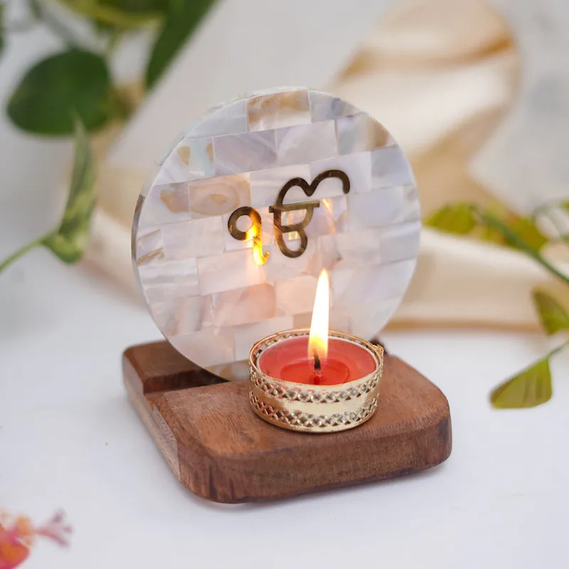 Ik Onkar Mother Of Pearl Religious Accent With Tealight Candle Holder media 4
