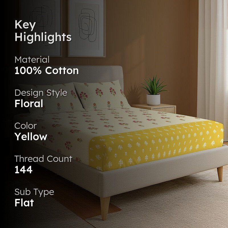 Sunshine Blossoms Floral Cotton Bedsheets (Yellow) - 144 TC media 2