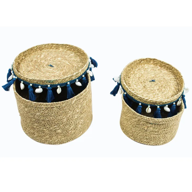 Nivasa Sea Grass Natural Fiber Storage Basket (Blue/Beige) - Set Of Two media 5