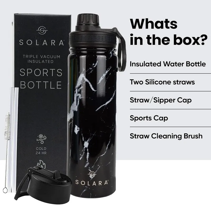 Black marble-look bottle displayed with caps and straw accessories