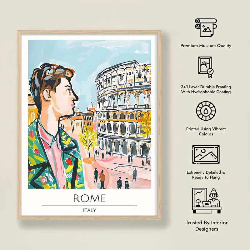 Vintage Rome Framed Canvas Archival Canvas Wall Painting - Natural Brown Frame media 8