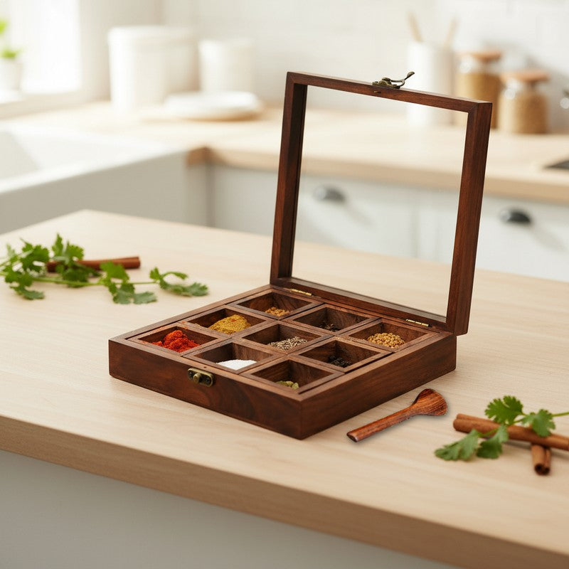Charm Sheesham Wood Rectangle Masala Box - Eleven Piece Set