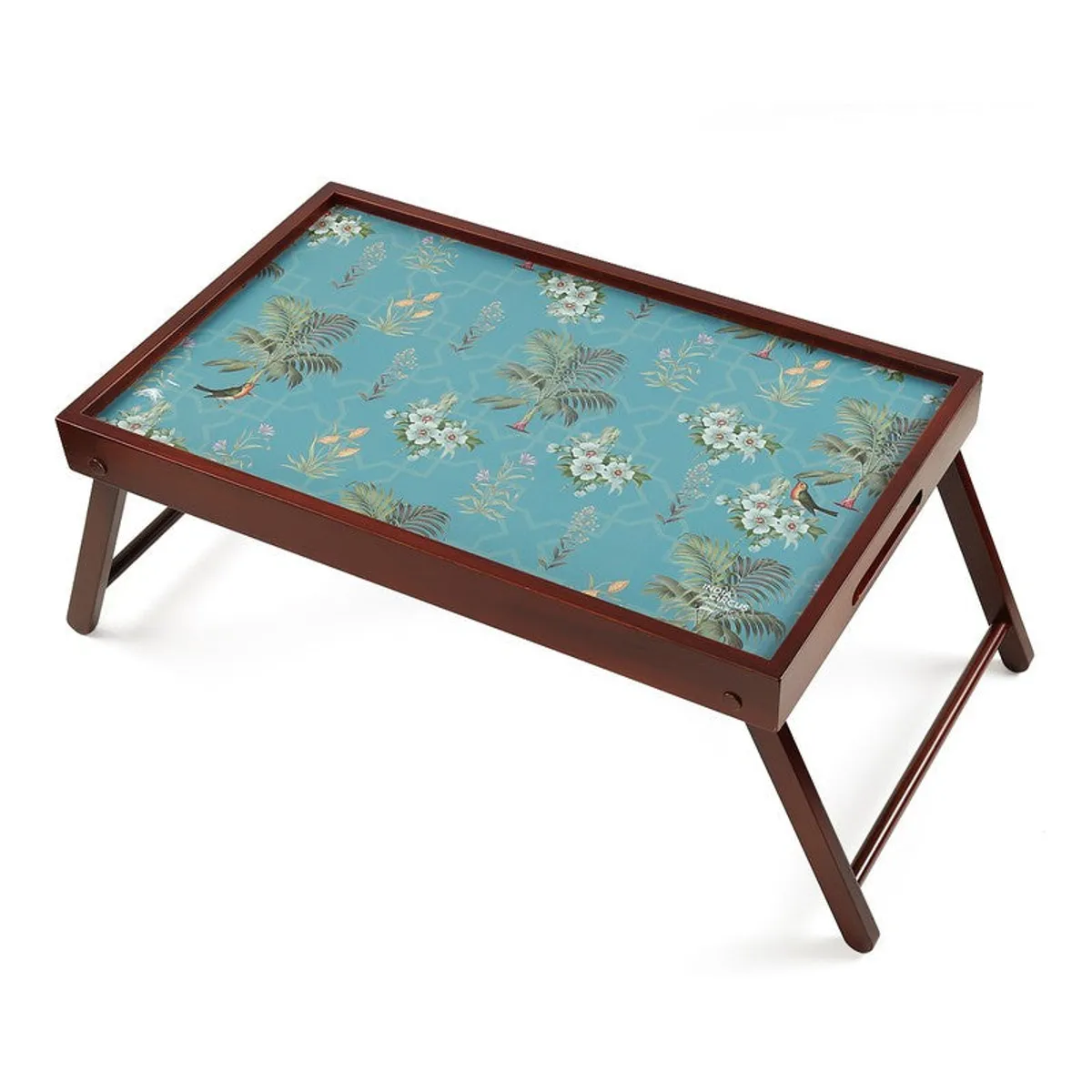 Rectangular foldable tray table with blue botanical top on a white background