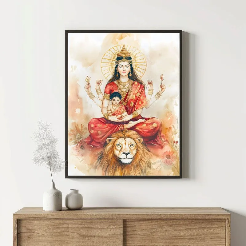 Simhavahini Durga Archival Paper Wall Painting With Black Frame media 1