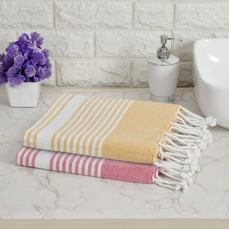 Loomera Striped Cotton Bath Towels (Yellow & Pink) - Set Of Two media 1