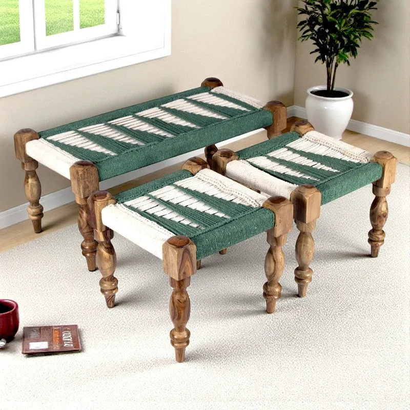 Firox Sheesham Wooden Bench with Stools (Green,White) - Three Piece Set media 1