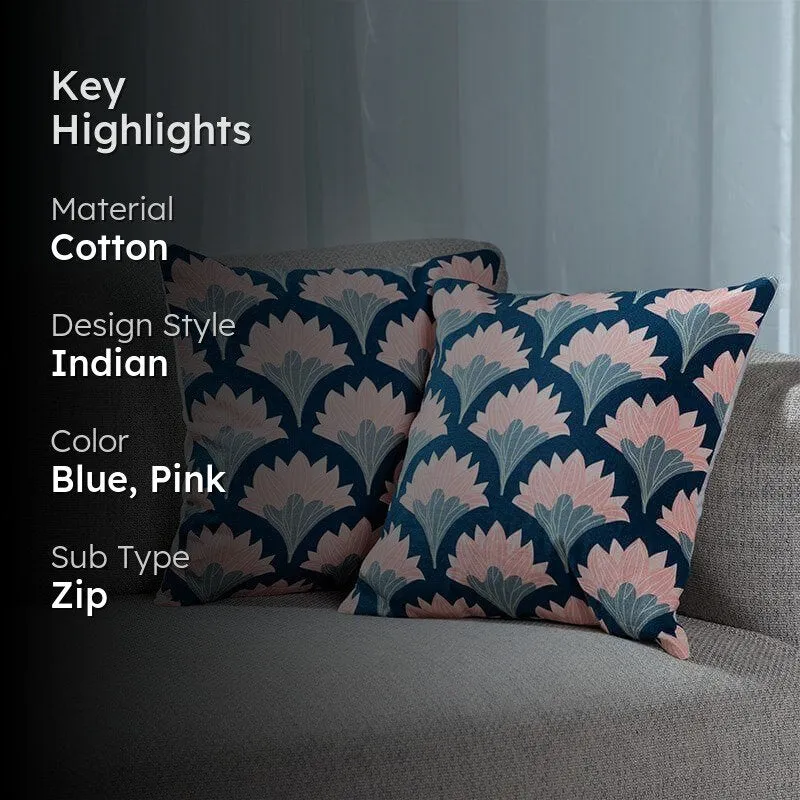 Styled floral cushion covers on a sofa with material, colour and zip highlights.