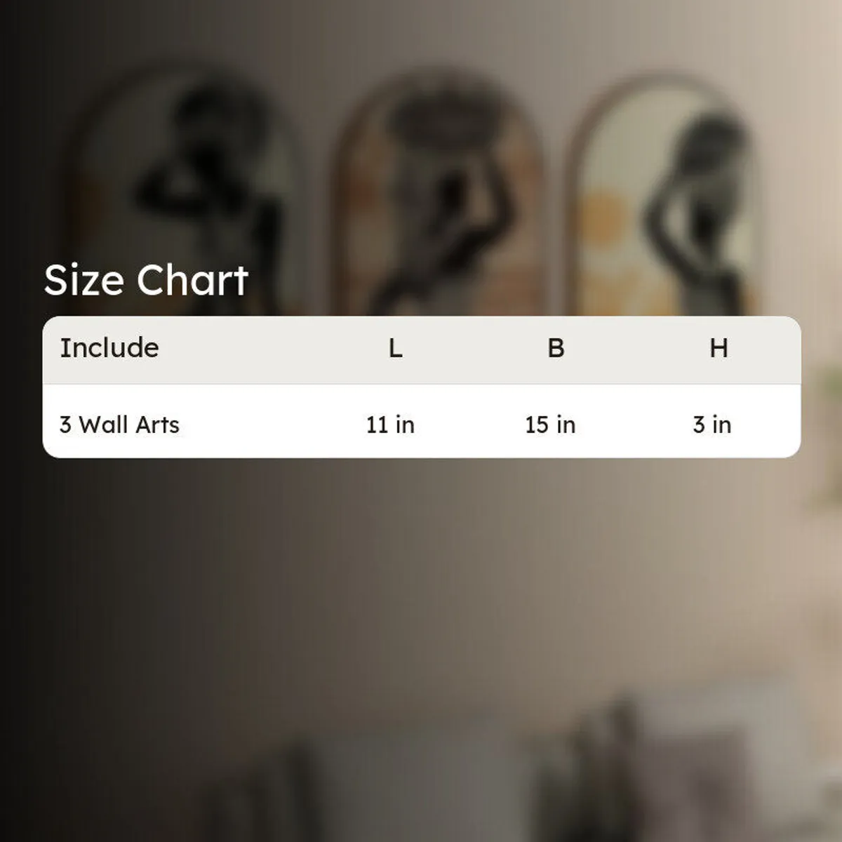 Blurred room background with a size chart table overlay for the wall art set.