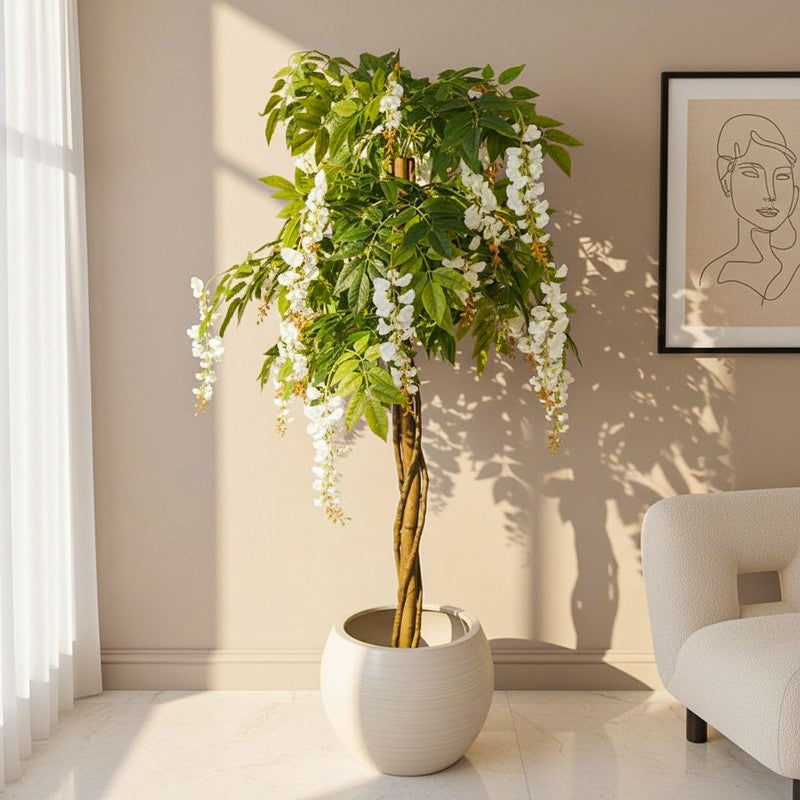 Verdiq Artificial Flowering Plant With Black Plastic Pot (Green & White) - 6 Feet
