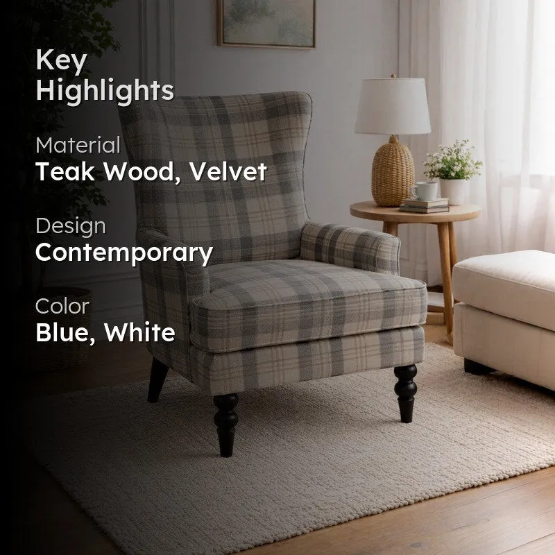 Heritage Check Teak Wood & Velvet Upholstered Lounge Chair media 2