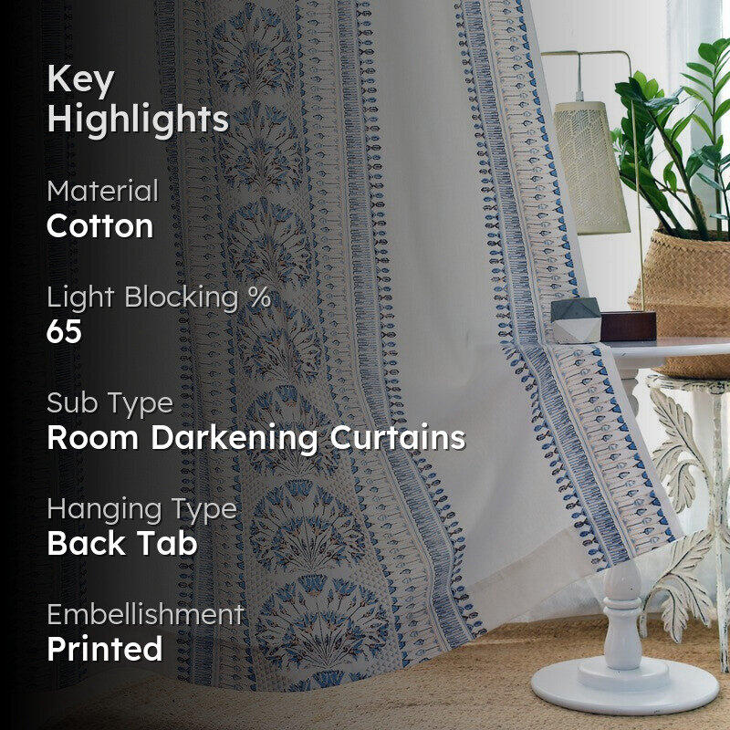 Tranquebar Home Parallel Grace Cotton Curtains(Blue) - Set Of Two media 2