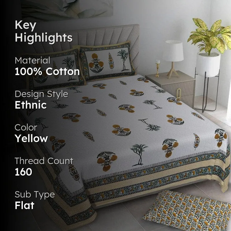 Pamia Ethnic Cotton Bedsheet (Yellow) - 160 TC media 2
