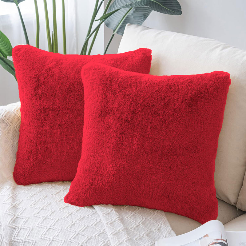 Cozy Puff Fur Cushion Cover Set (Red) - Set Of Two