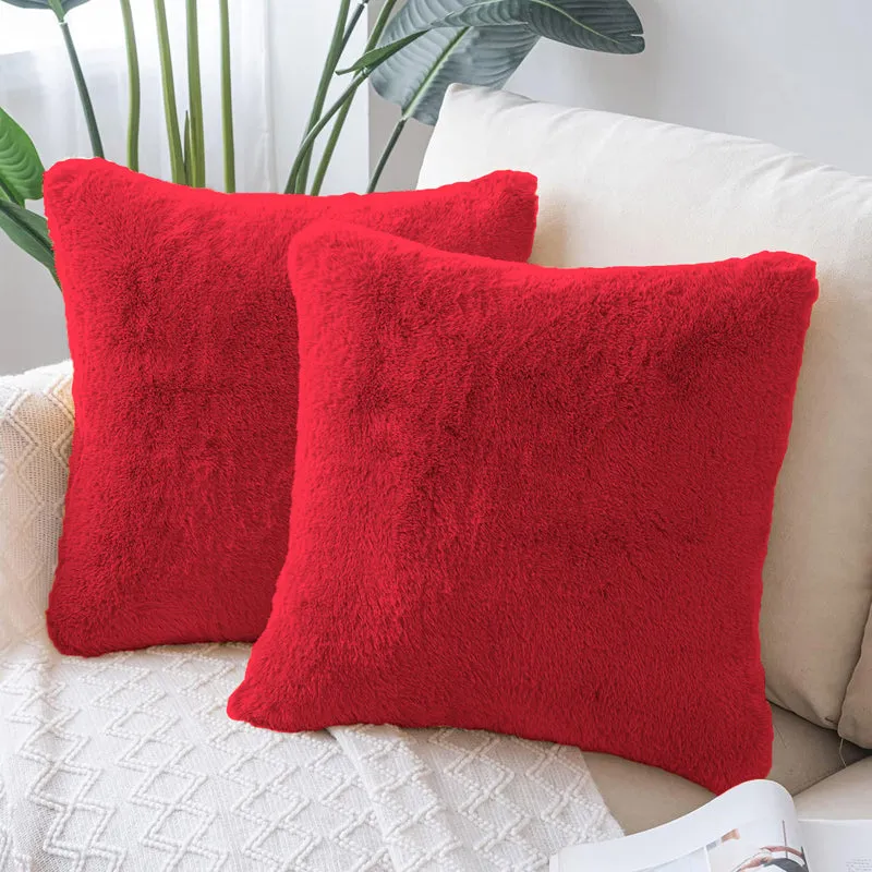 Cozy Puff Fur Cushion Cover Set (Red) - Set Of Two media 1