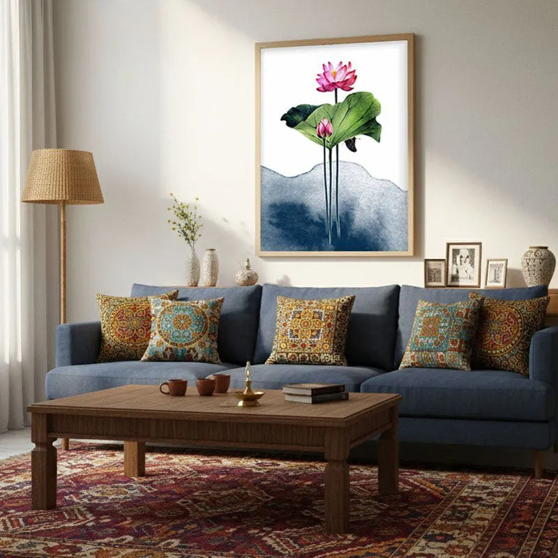 Watercolor Lotus Archival Paper Wall Art  - Natural Brown Frame media 3