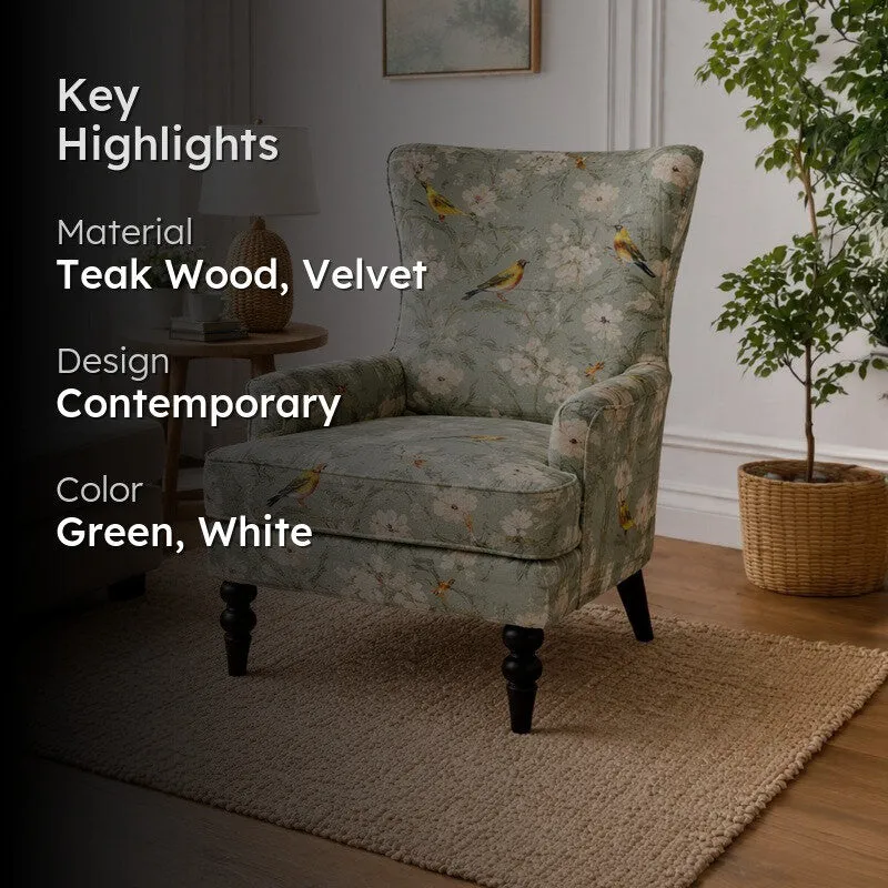 Sage Aviary Teak Wood & Velvet Printed Lounge Chair media 2