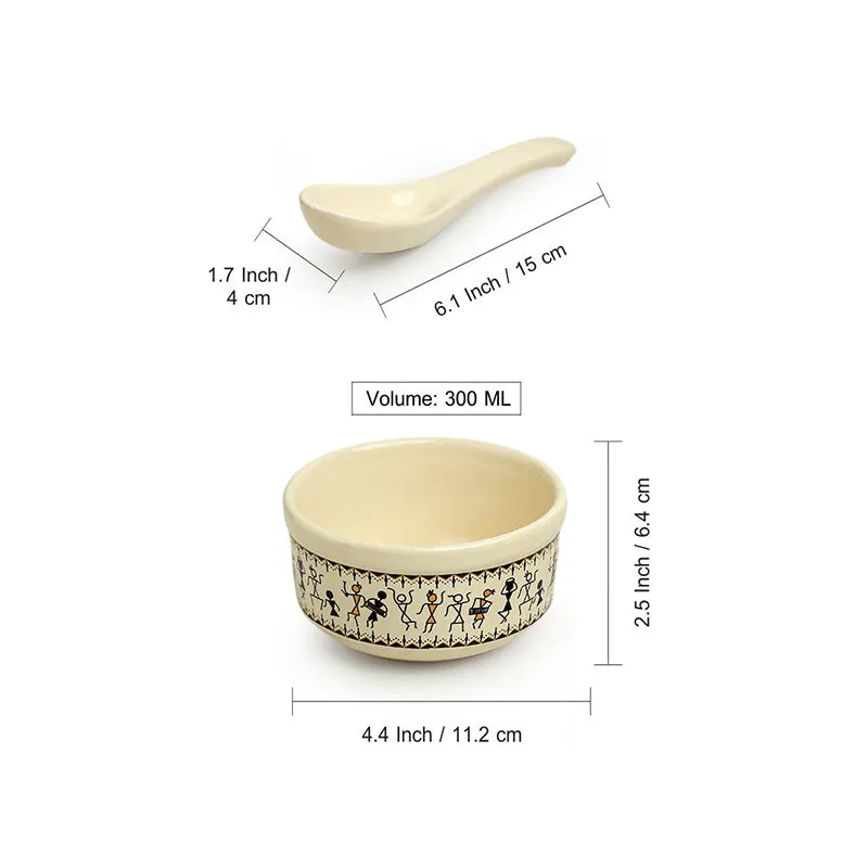Warli Whirls Handcrafted Ceramic Soup Bowl With Spoon (300 mL) - Four Piece Set media 7