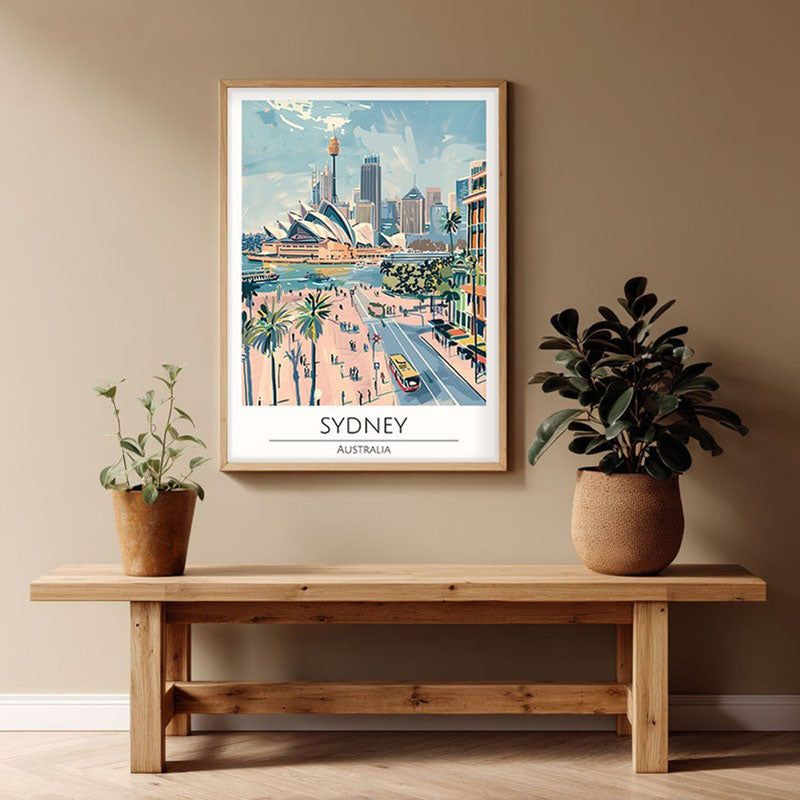 Vintage Sydney Framed Canvas Archival Canvas Wall Painting - Natural Brown Frame