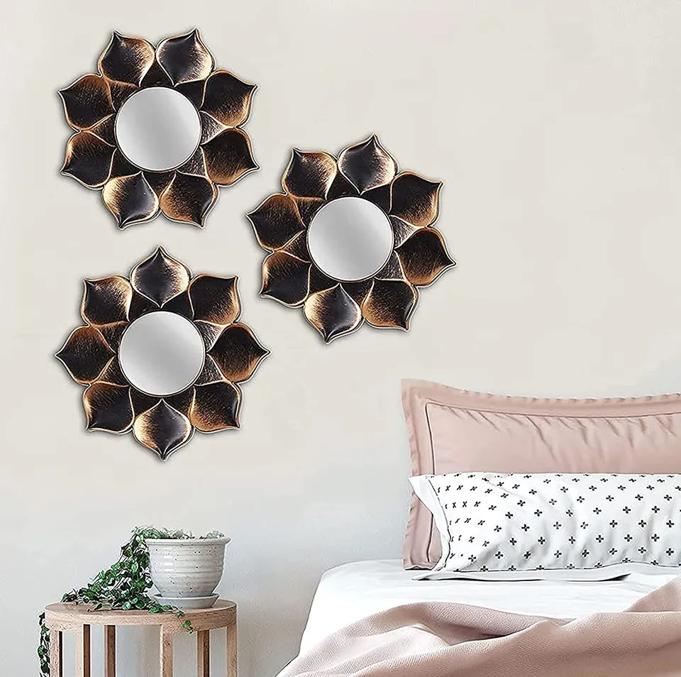 Lotus Bloom Wooden Wall Mirrors - Set Of Three media 1