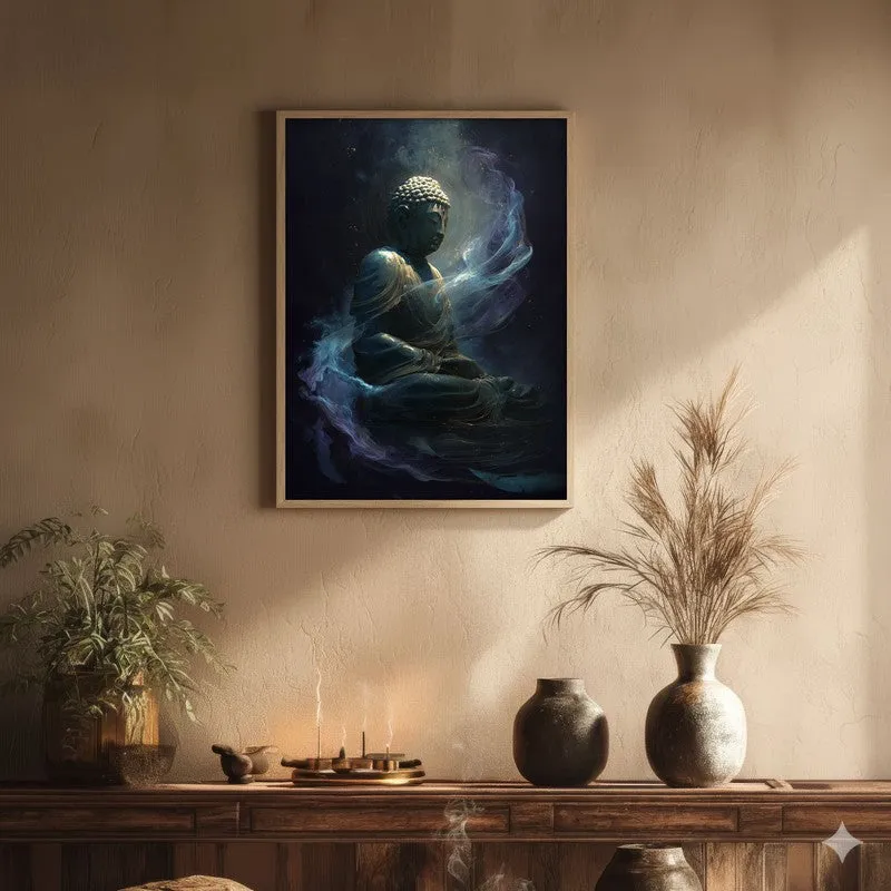 Aura of Awakening Buddha Archival Paper Wall Painting With Brown Frame media 1