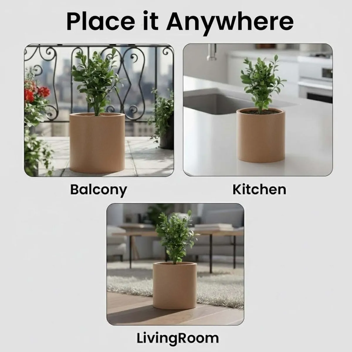 Brown planter shown in balcony, kitchen and living room settings.