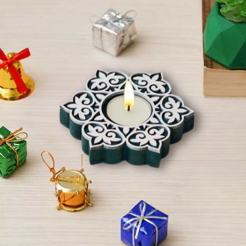 Winter Spark Carved Wood Tea Light Holder (Green) - Set Of Twelve image 5