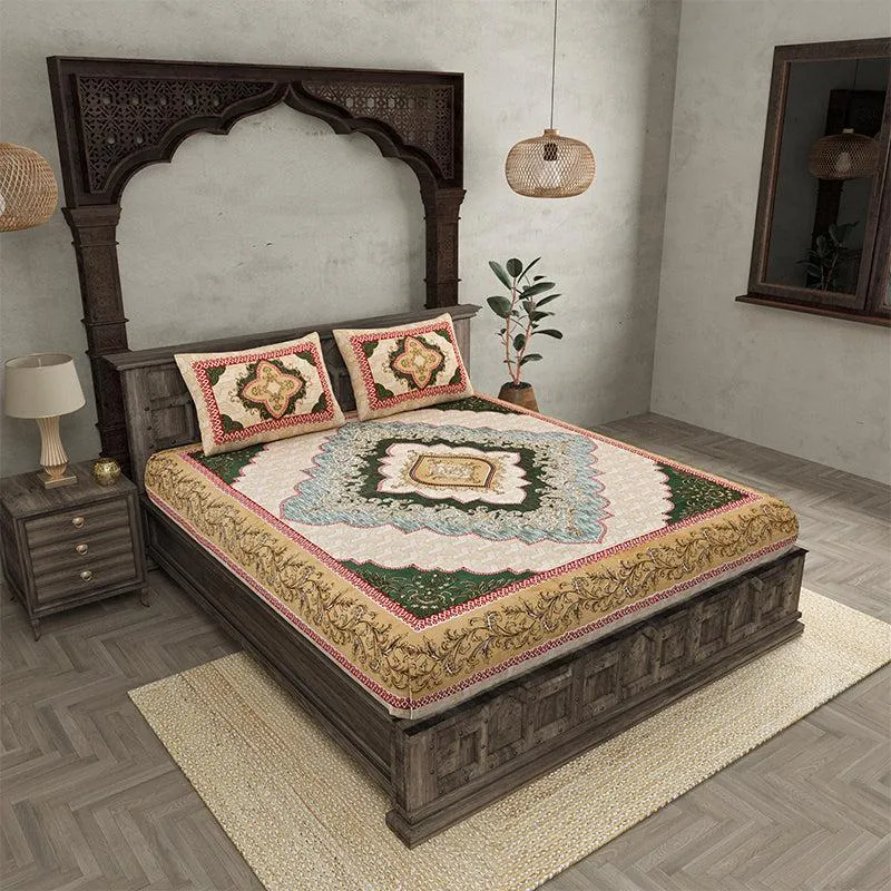 Chaitri Ethnic Cotton Bedsheet (Peach,Green) - 240 TC media 1