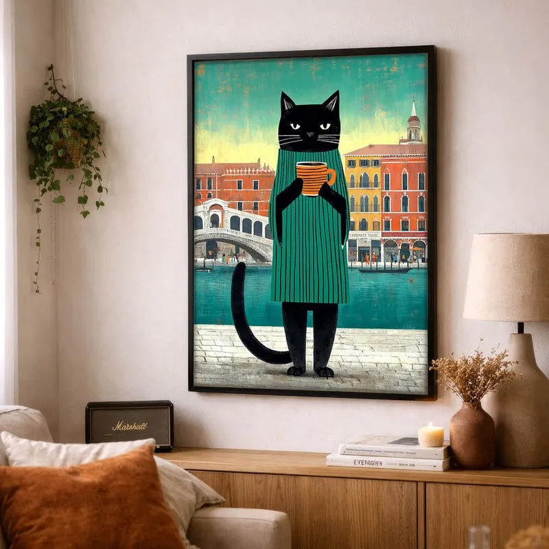 Midnight Poise Cat Wall Painting With Frame media 4