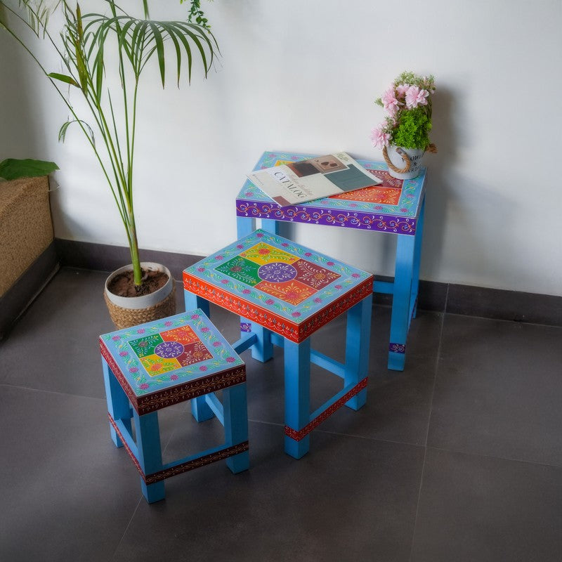 Eryx Folk Art Mango Wood Stool - Set Of Three
