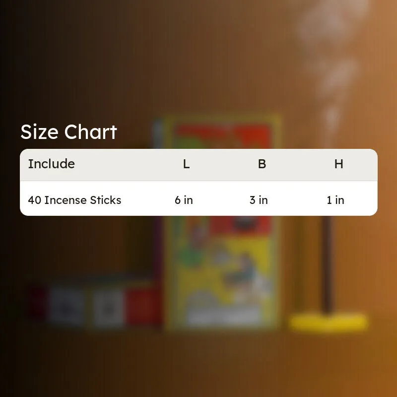 Size chart graphic for incense sticks set with blurred product in background