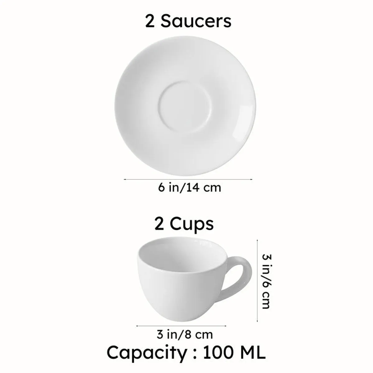 Two plain saucers and cups shown separately against a white background
