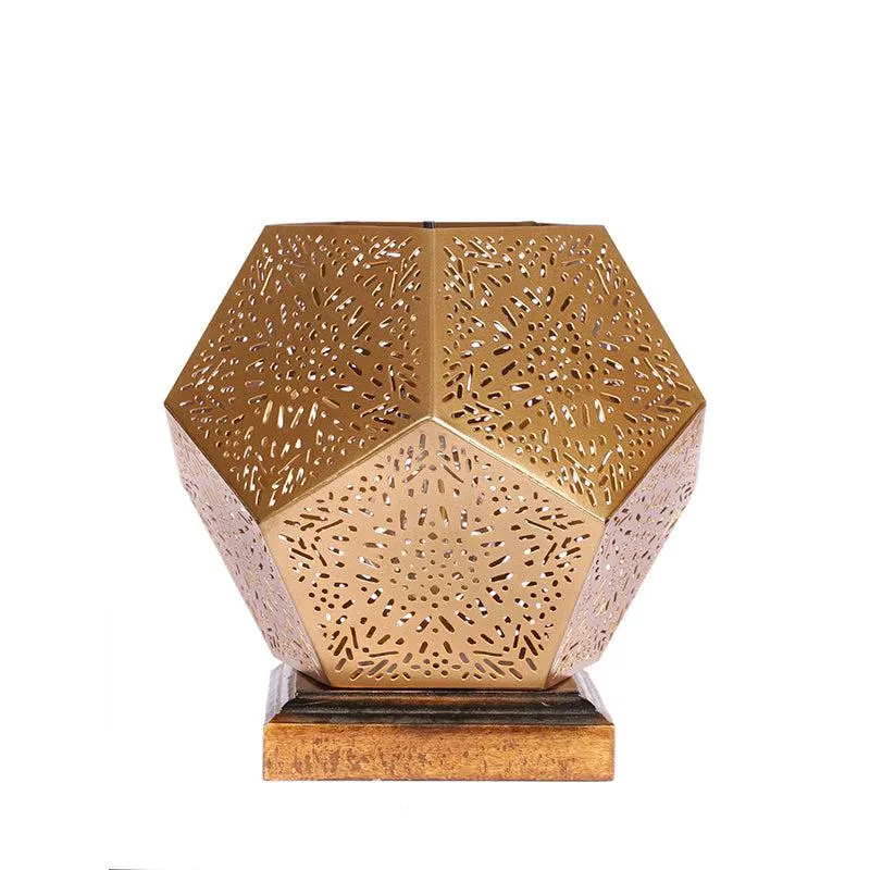 Hexa Flora Etched Metal Table Lamp With Brown Base - Gold media 4
