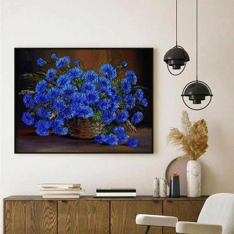 Blue Flowers In A Vase Canvas Wall Painting - Black Frame media 1