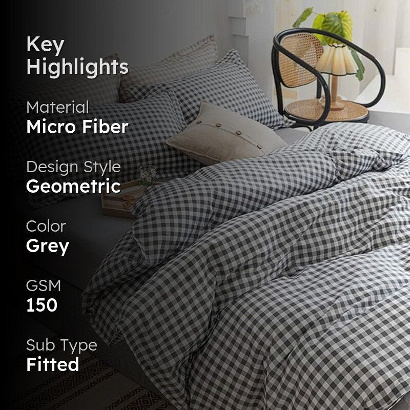 Checkered Dreams Fitted Micro Fiber Bedsheet (Grey) - 150 GSM media 2