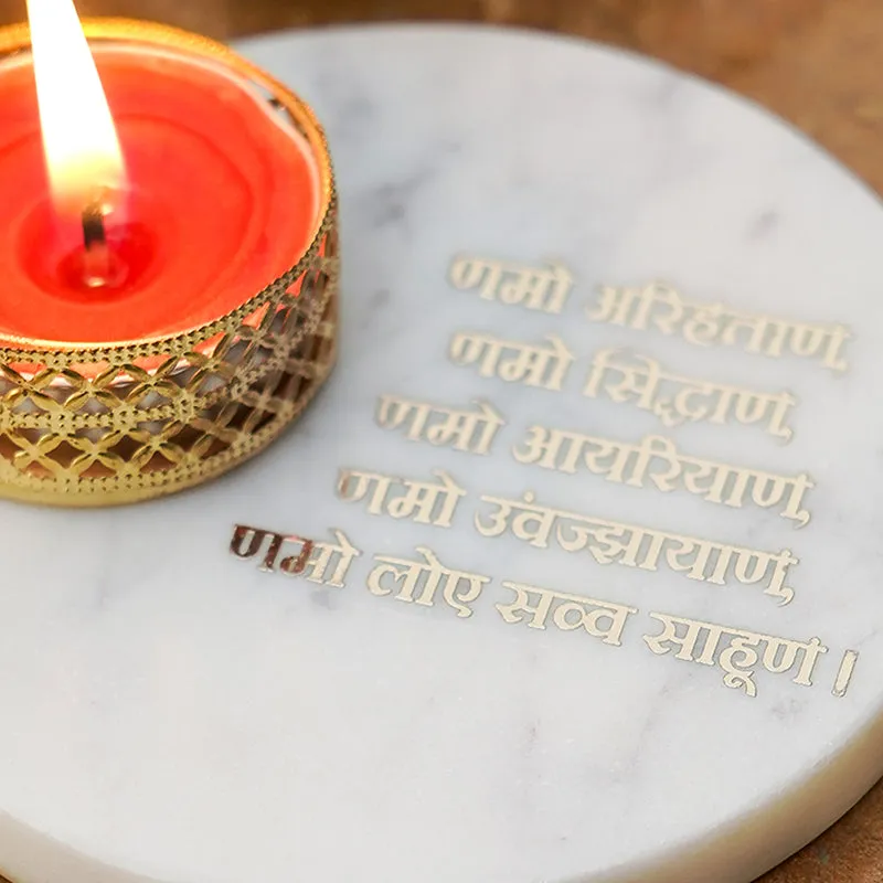 Namokar Mantra White Marble Religious Accent With Tea Light Holder media 5