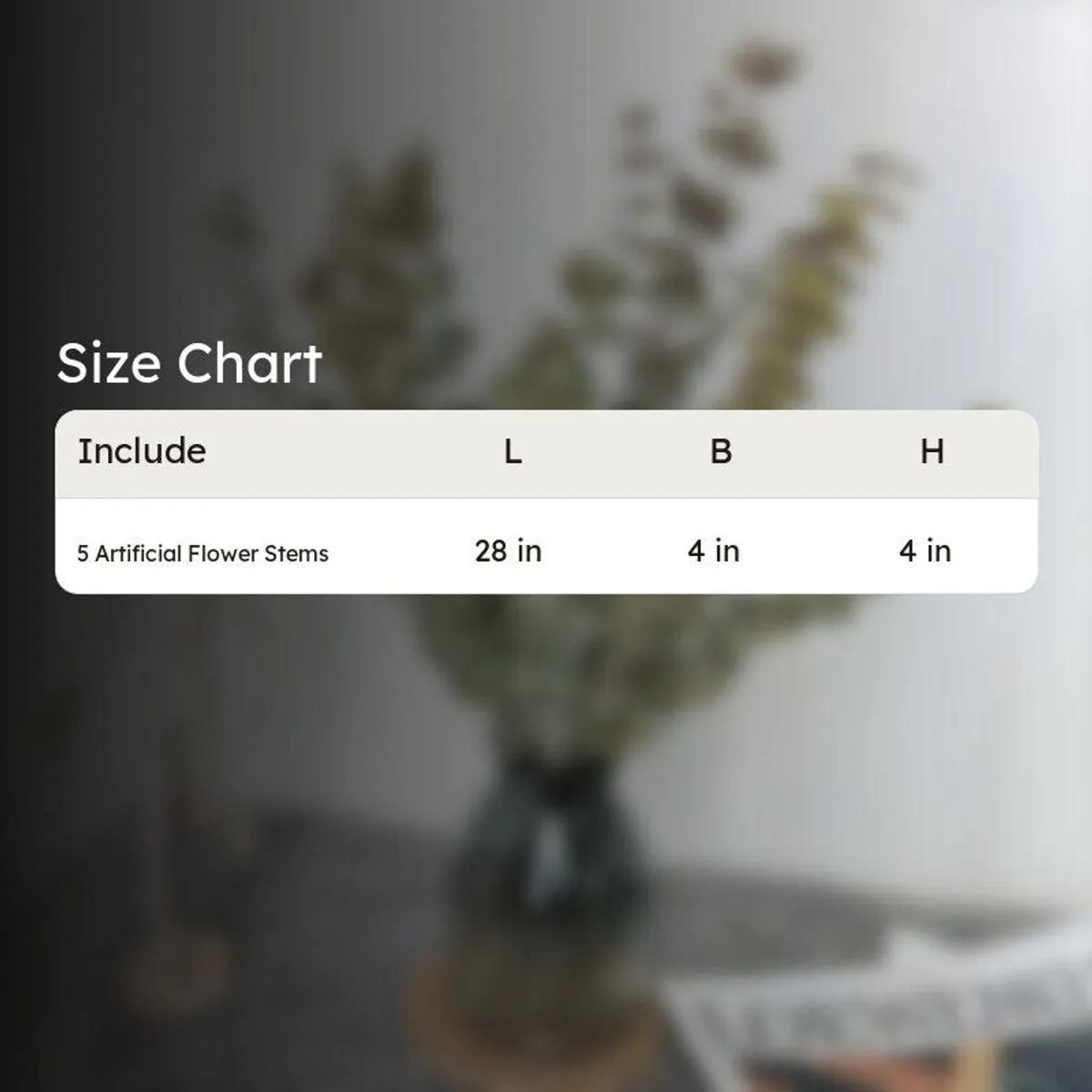 Product size chart graphic over a blurred eucalyptus arrangement.